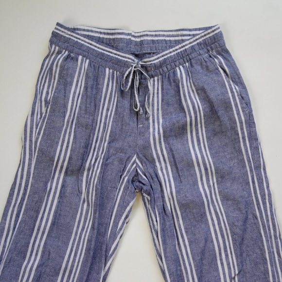 Old Navy Blue White Striped High Rise Wide Leg Linen Trousers Pants w Pockets - Picture 2 of 8